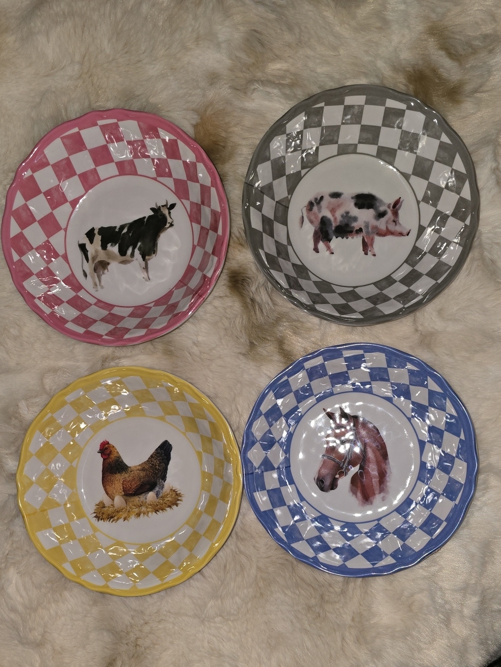 Farmhouse Set of 4 Farm Animal Salad Bowls - Pink, Gray, Yellow, Blue Check